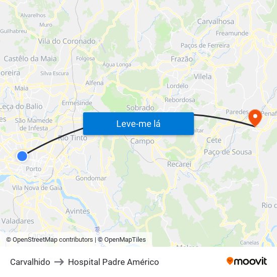 Carvalhido to Hospital Padre Américo map