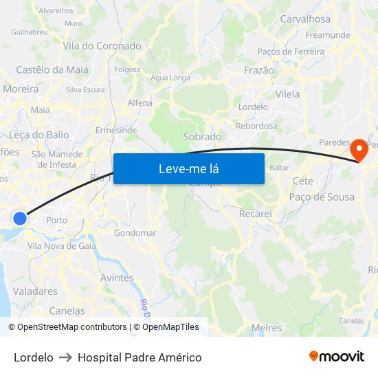 Lordelo to Hospital Padre Américo map