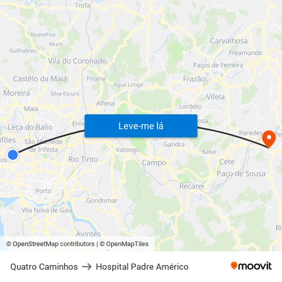 Quatro Caminhos to Hospital Padre Américo map
