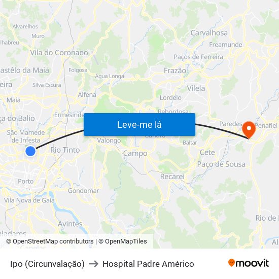 Ipo (Circunvalação) to Hospital Padre Américo map