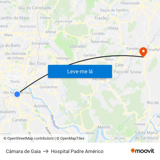 Câmara de Gaia to Hospital Padre Américo map