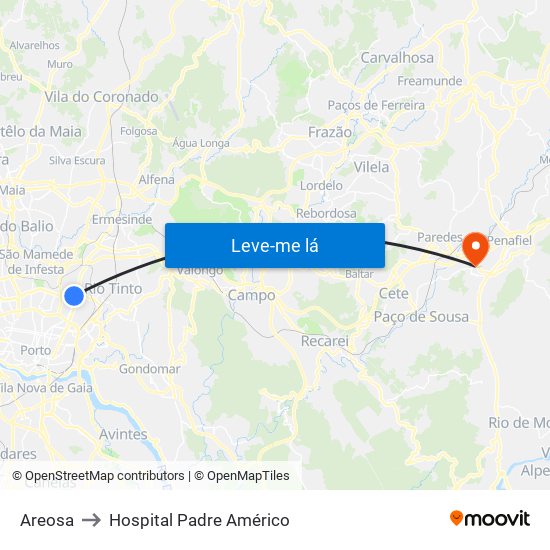 Areosa to Hospital Padre Américo map