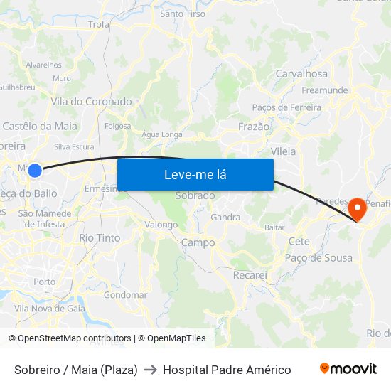 Sobreiro / Maia (Plaza) to Hospital Padre Américo map