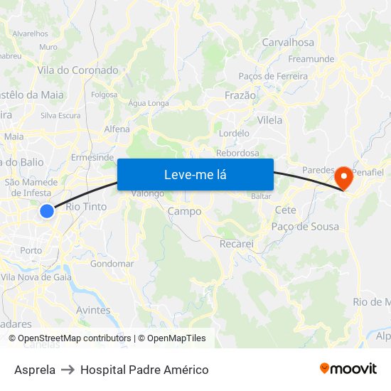 Asprela to Hospital Padre Américo map