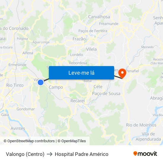 Valongo (Centro) to Hospital Padre Américo map