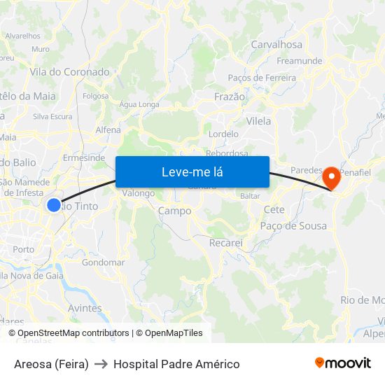 Areosa (Feira) to Hospital Padre Américo map