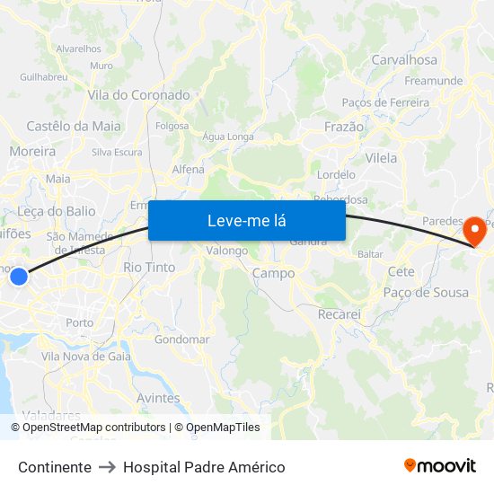 Continente to Hospital Padre Américo map