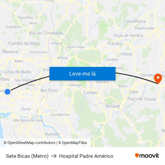 Sete Bicas (Metro) to Hospital Padre Américo map