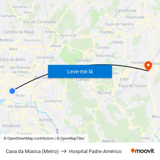 Casa da Música (Metro) to Hospital Padre Américo map