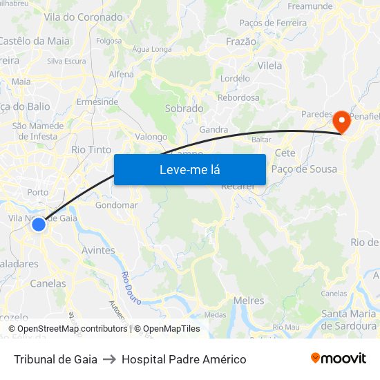 Tribunal de Gaia to Hospital Padre Américo map