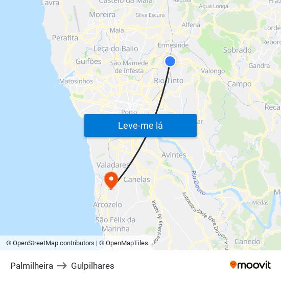 Palmilheira to Gulpilhares map
