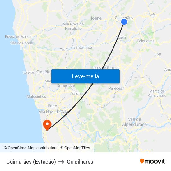 Guimarães (Estação) to Gulpilhares map