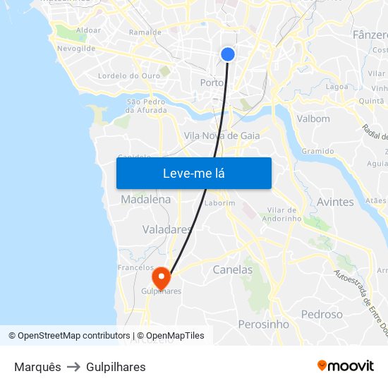 Marquês to Gulpilhares map