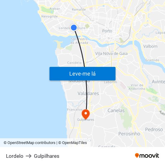 Lordelo to Gulpilhares map