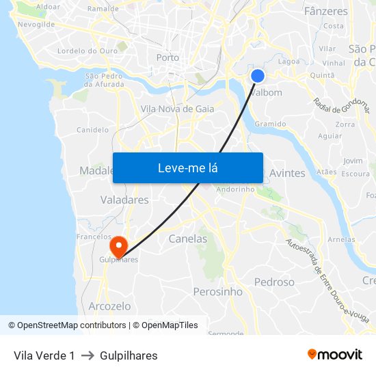 Vila Verde 1 to Gulpilhares map