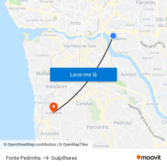 Fonte Pedrinha to Gulpilhares map