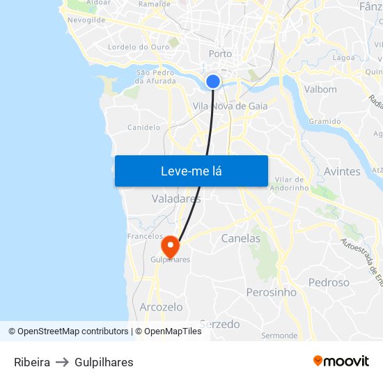 Ribeira to Gulpilhares map