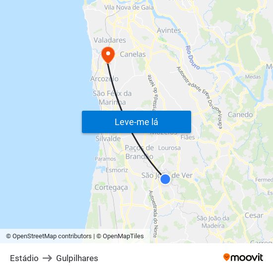 Estádio to Gulpilhares map