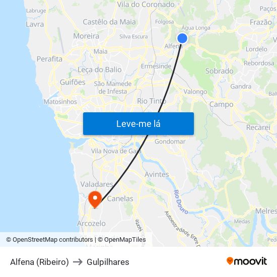 Alfena (Ribeiro) to Gulpilhares map