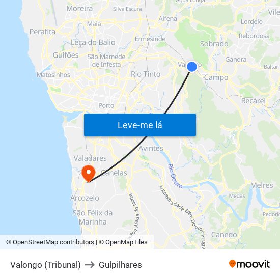 Valongo (Tribunal) to Gulpilhares map