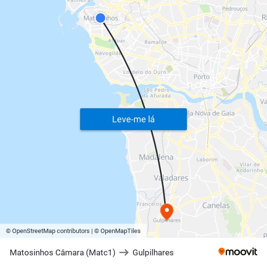 Matosinhos Câmara (Matc1) to Gulpilhares map