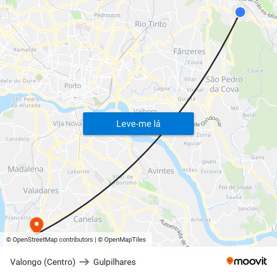 Valongo (Centro) to Gulpilhares map