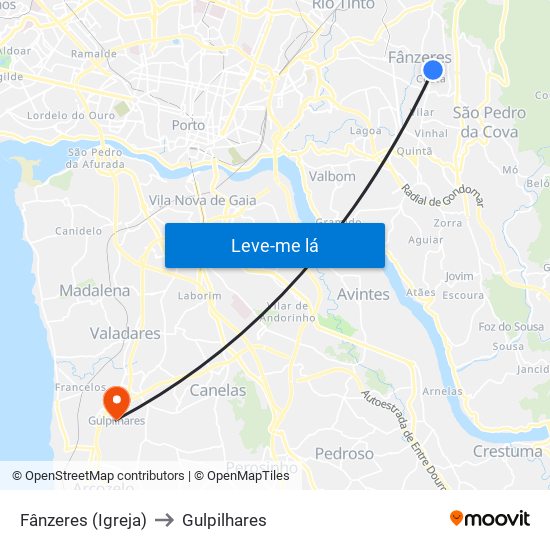 Fânzeres (Igreja) to Gulpilhares map
