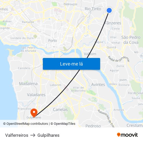 Valferreiros to Gulpilhares map