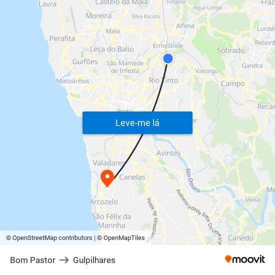 Bom Pastor to Gulpilhares map