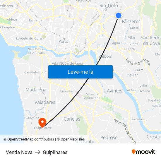 Venda Nova to Gulpilhares map
