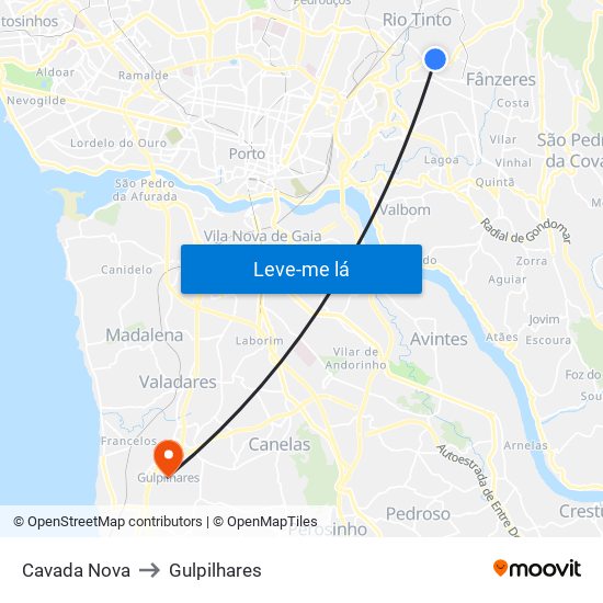 Cavada Nova to Gulpilhares map