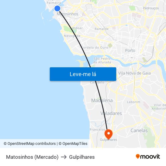 Matosinhos (Mercado) to Gulpilhares map