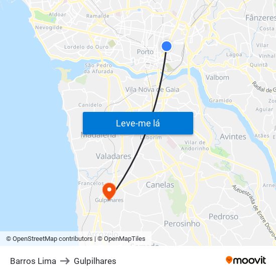 Barros Lima to Gulpilhares map