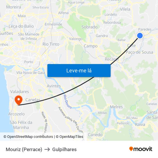 Mouriz (Perrace) to Gulpilhares map