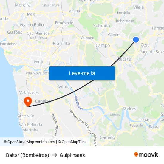 Baltar (Bombeiros) to Gulpilhares map