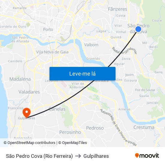 São Pedro Cova (Rio Ferreira) to Gulpilhares map