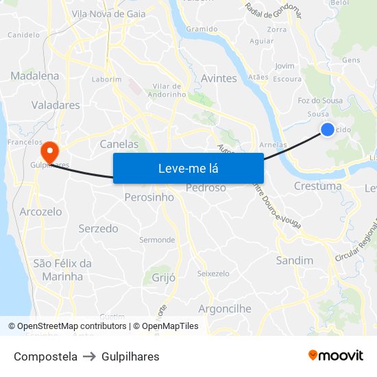 Compostela to Gulpilhares map