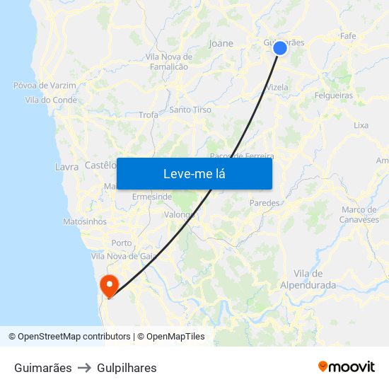 Guimarães to Gulpilhares map