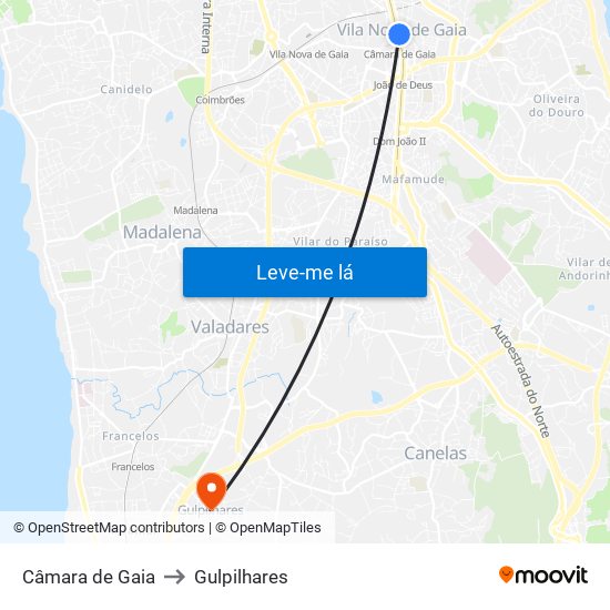 Câmara de Gaia to Gulpilhares map