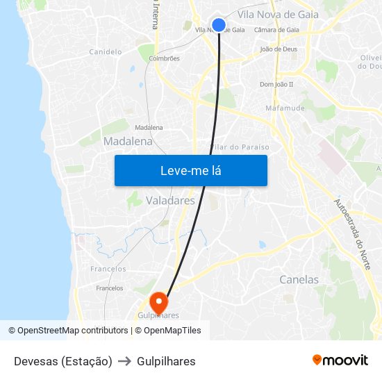 Devesas (Estação) to Gulpilhares map