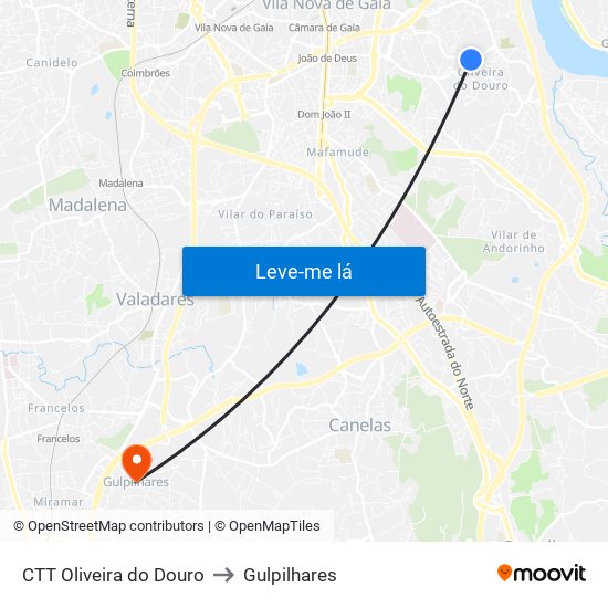 CTT Oliveira do Douro to Gulpilhares map