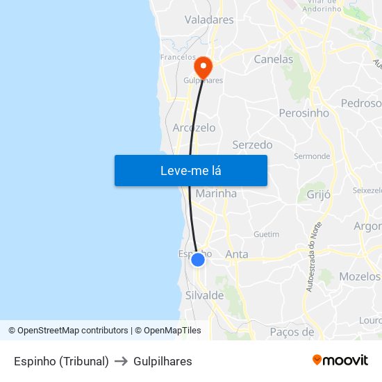 Espinho (Tribunal) to Gulpilhares map