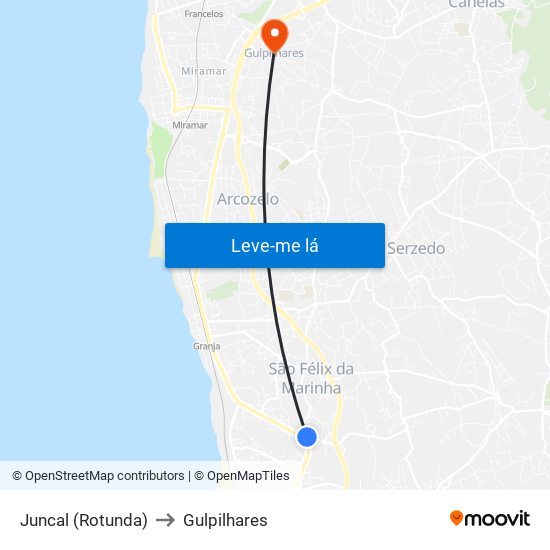Juncal (Rotunda) to Gulpilhares map
