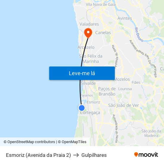 Esmoriz (Avenida da Praia 2) to Gulpilhares map