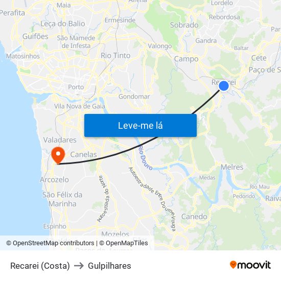 Recarei (Costa) to Gulpilhares map