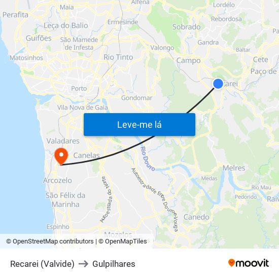 Recarei (Valvide) to Gulpilhares map