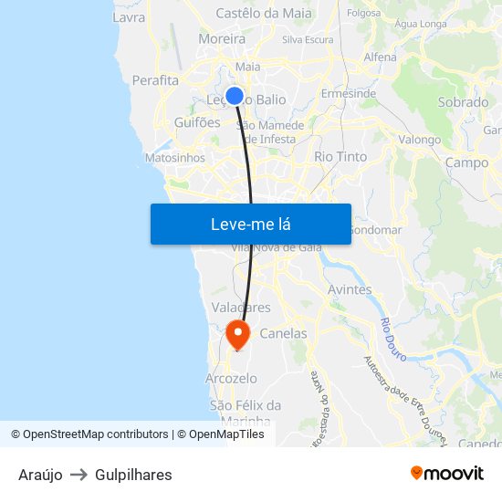 Araújo to Gulpilhares map