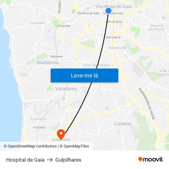Hospital de Gaia to Gulpilhares map