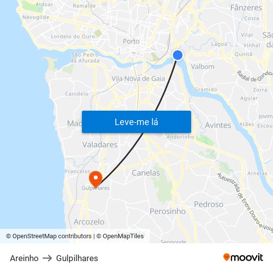 Areinho to Gulpilhares map