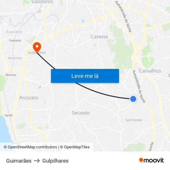 Guimarães to Gulpilhares map